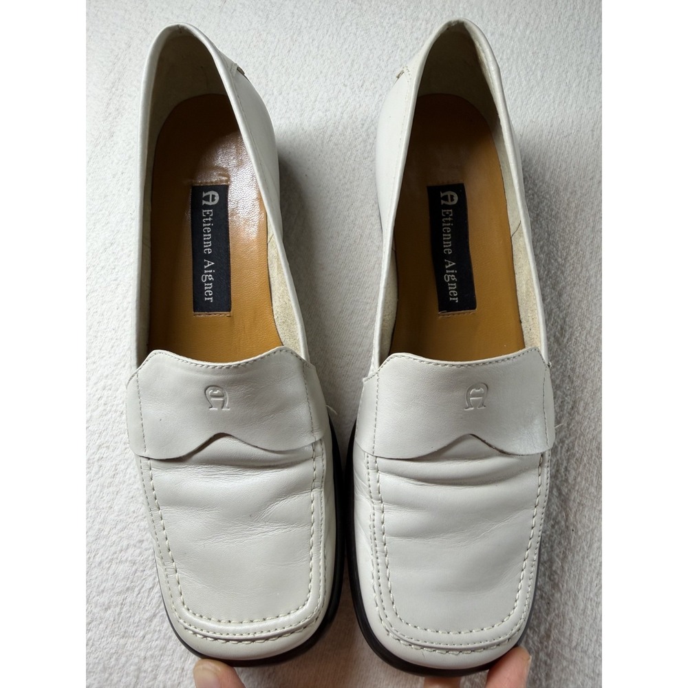 Etienne Aigner Women's 6 Ivory Leather Loafers Square Toe Slip On Shoes